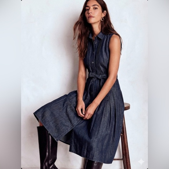 Boden Dresses & Skirts - Boden denim dress Midi Pleated Button Down Dark Wash Belted sizes 14L NWOT